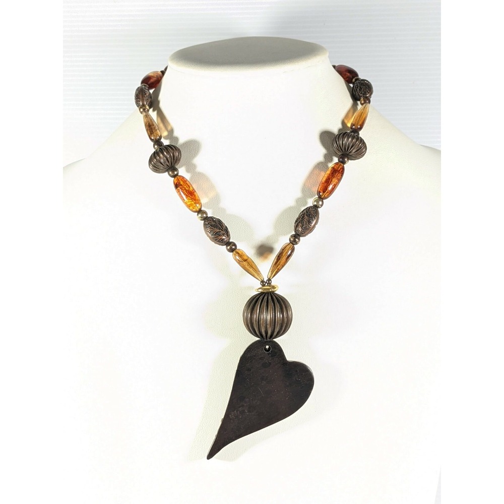 Artisan‎ Brown Wood Heart Acrylic Bead Tribal Style Statement Necklace 18 inch